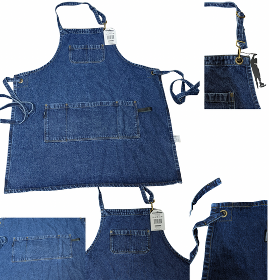 Rennactive London| Stonewashed Blue Denim Jeans| Brass Eyelet strapped Neck/Chest Pocketed Bib Apron