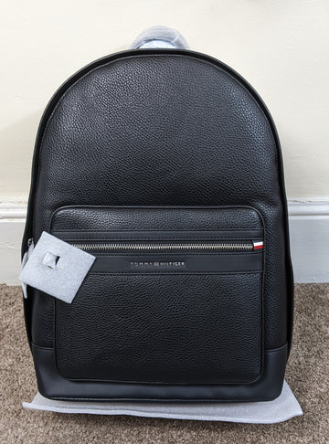 Tommy Hilfiger Backpack Men | Pebbled Faux Leather Backpack | Black Laptop Bag 15 Inch | Minimalist Daypack with Front Zip Pocket & Adjustable Straps